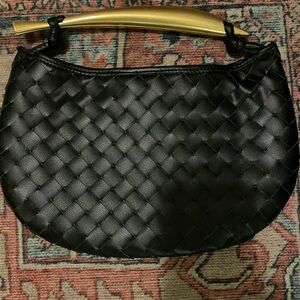 NWOT Bottega Inspired Black Woven Handbag with Gold Handle